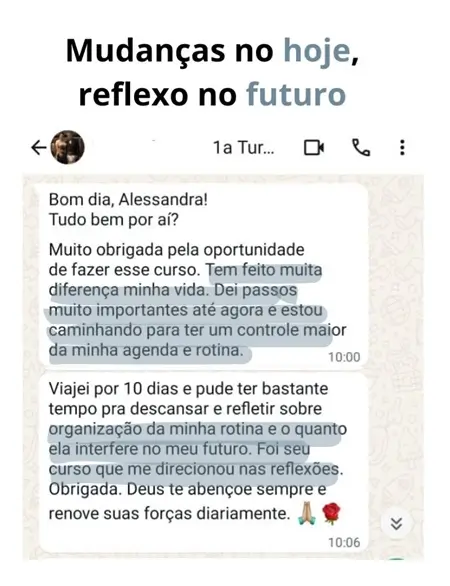 Print de mensagem de aluna relatando transformação profunda na rotina e visão de vida com a Mentoria Individual do Método Caminho Frutífero